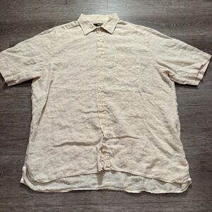 Neiman Marcus Shirt Mens XXL Beige 100% Linen Short Sleeve Button Exclusive